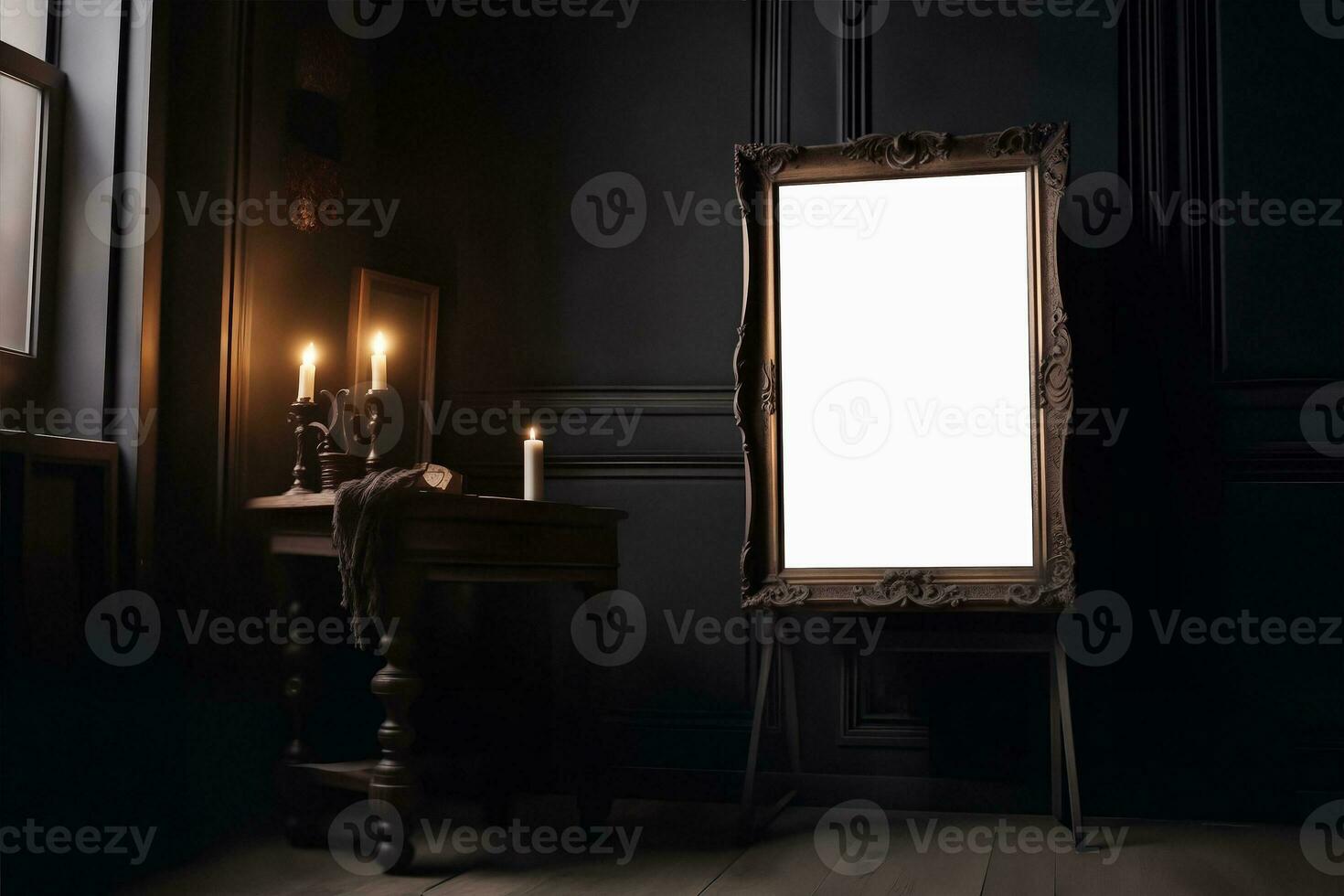 Dark gothic vertical frame mockup on wood floor photo