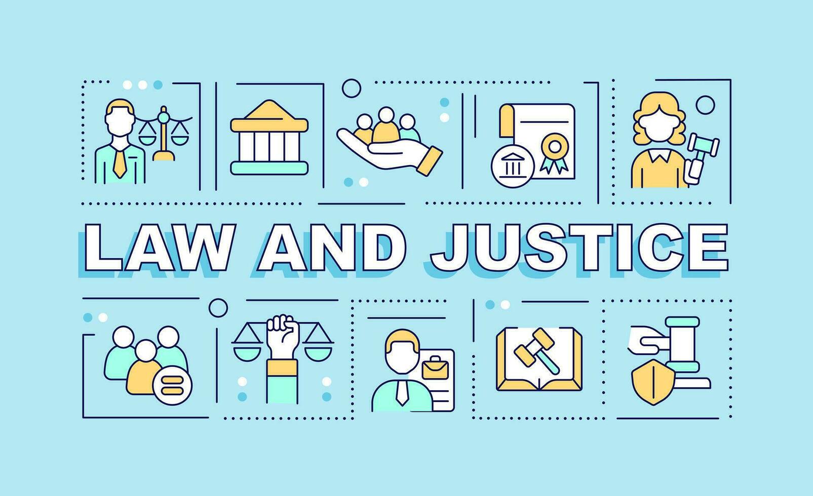 Law and justice word concepts blue banner. Legal cases. Infographics with editable icons on color background. Isolated typography. Vector illustration with text