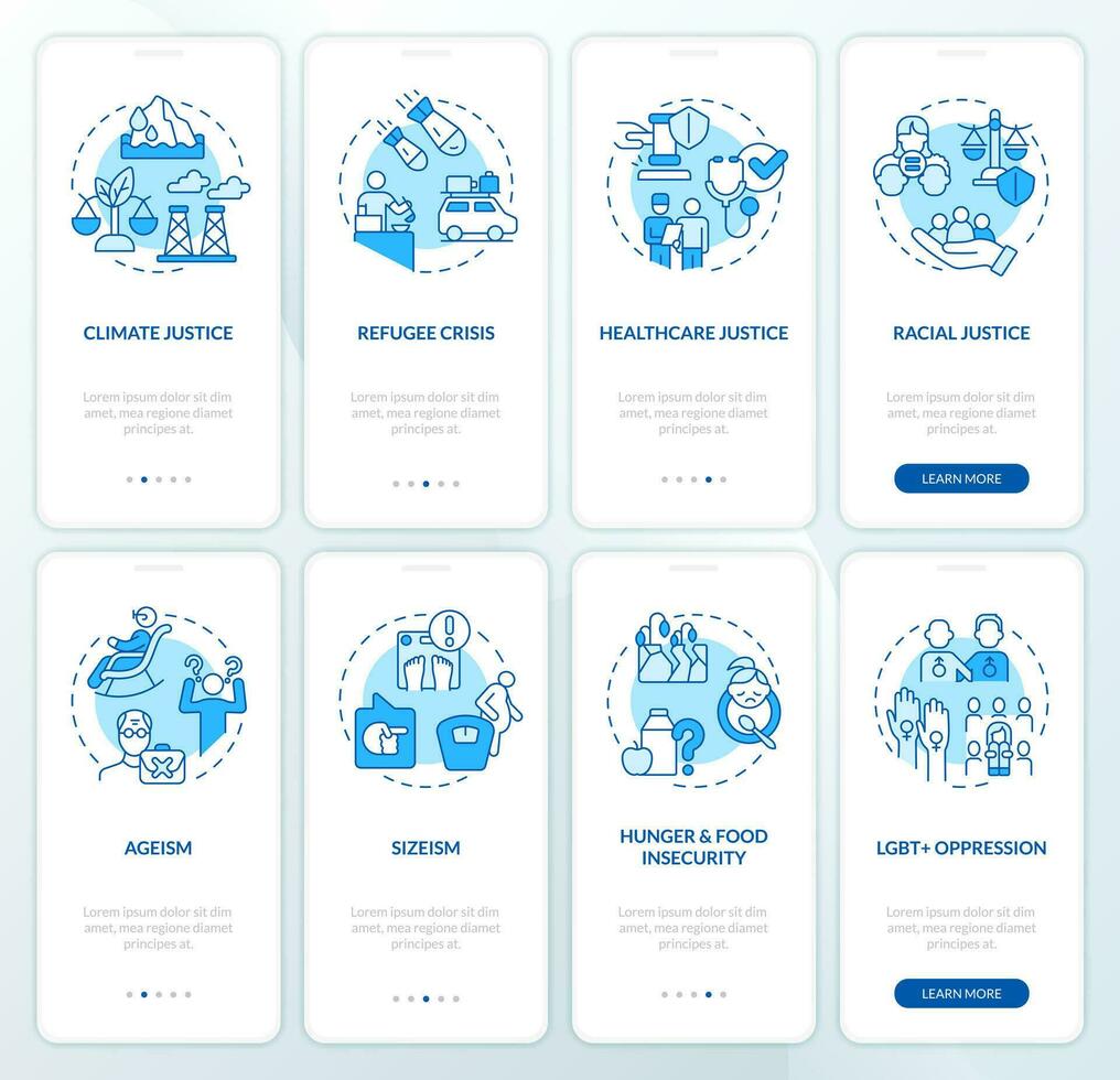 Social problems blue onboarding mobile app screen set. Justice issues walkthrough 4 steps editable graphic instructions with linear concepts. UI, UX, GUI template vector