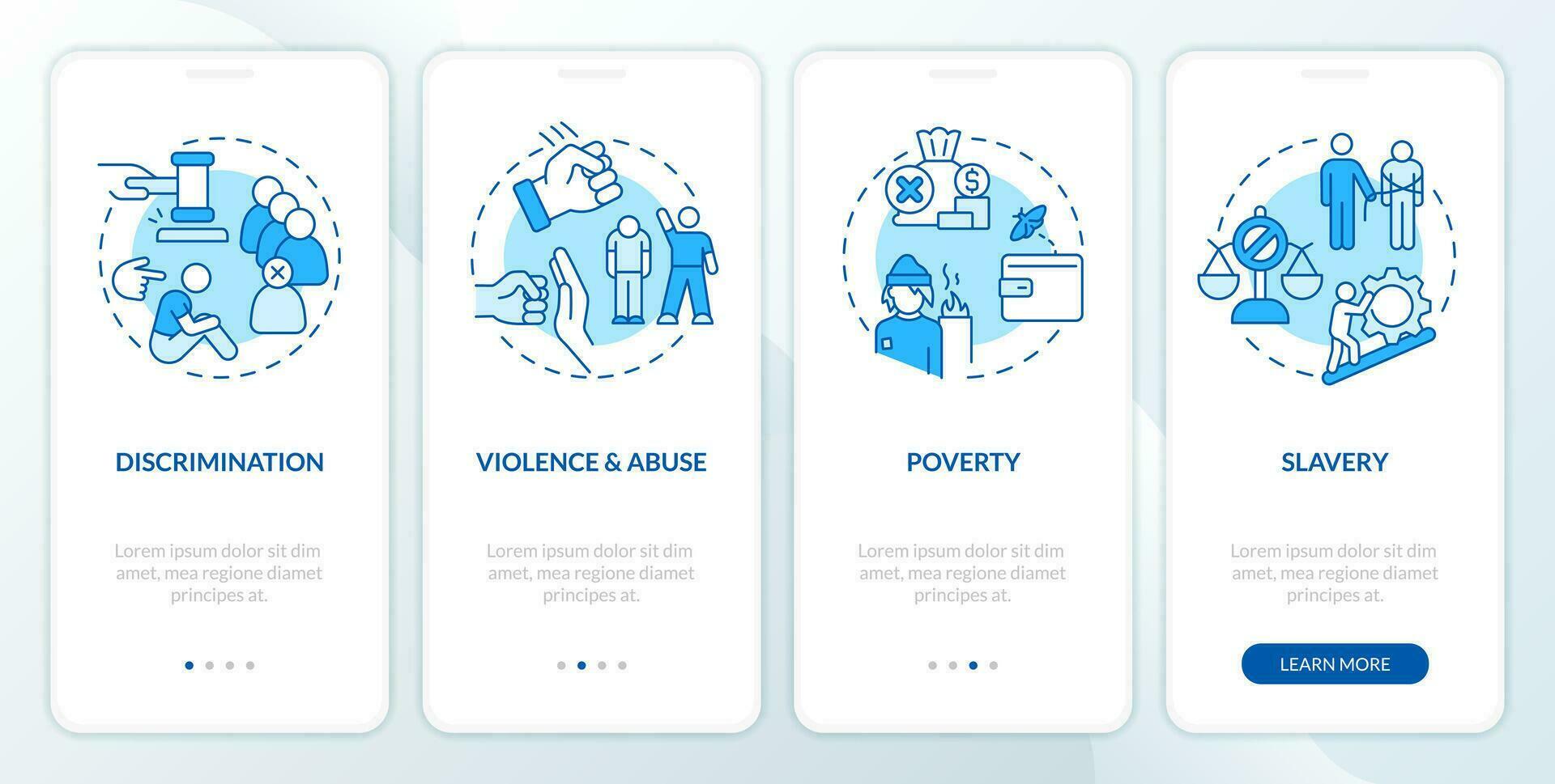 Justice issues blue onboarding mobile app screen. Society problems walkthrough 4 steps editable graphic instructions with linear concepts. UI, UX, GUI template vector