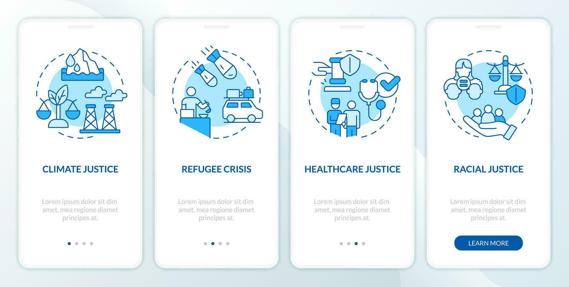 Social justice examples blue onboarding mobile app screen. Walkthrough 4 steps editable graphic instructions with linear concepts. UI, UX, GUI template vector