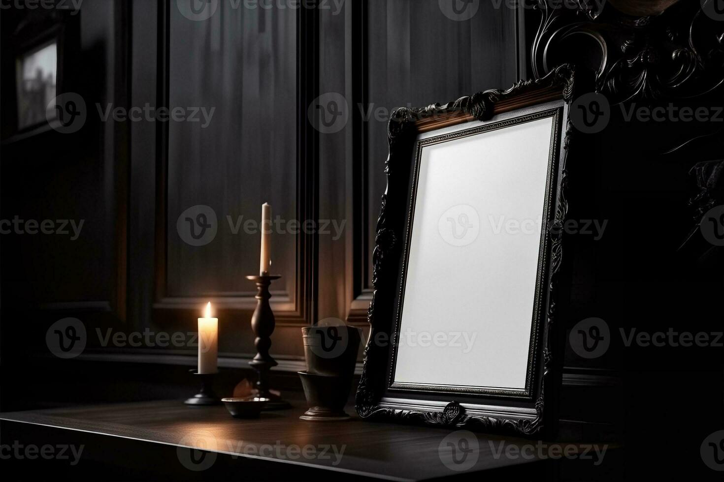 Dark gothic vertical frame mockup on the table with candles photo