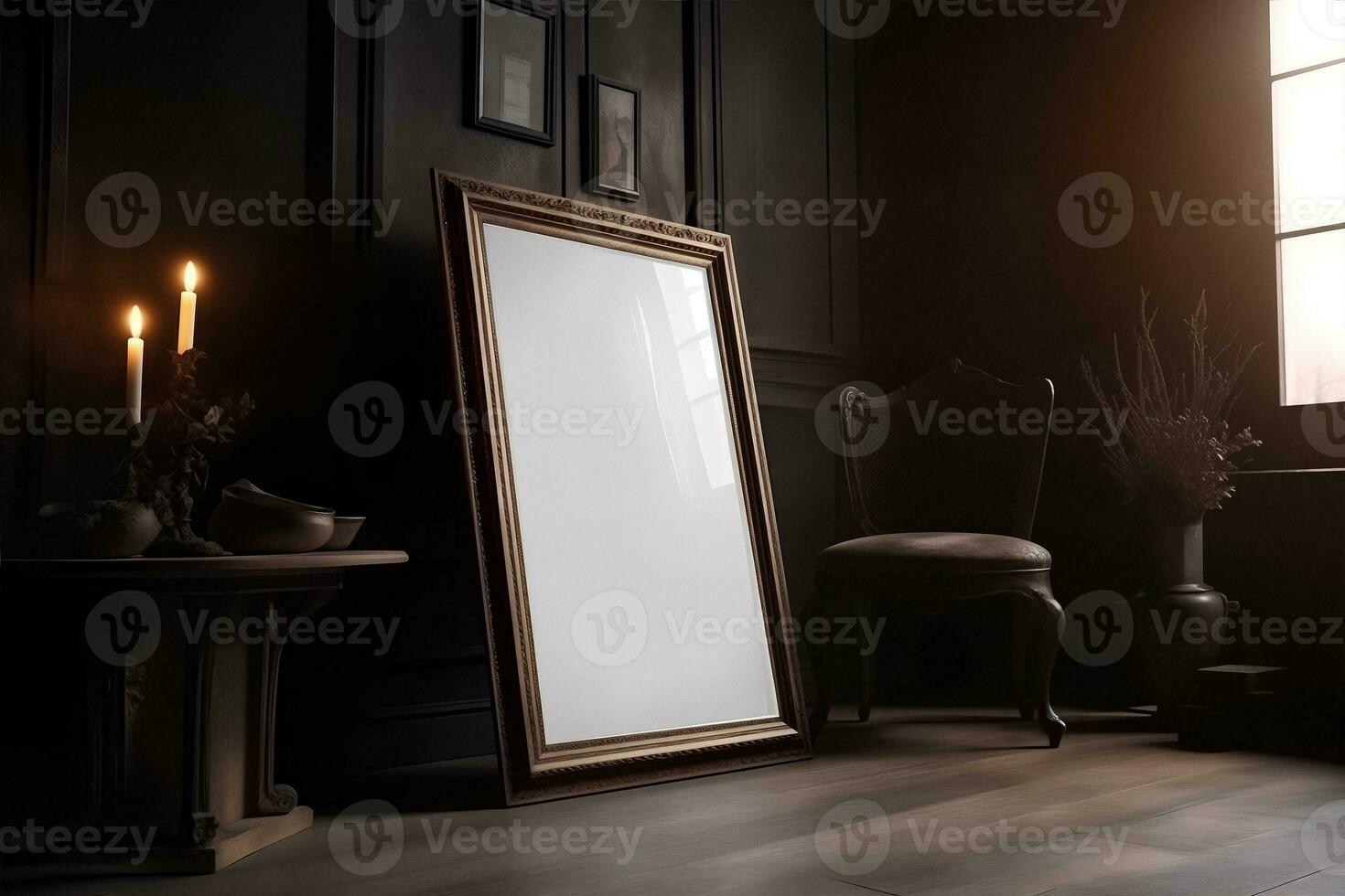 Dark gothic vertical frame mockup on wood floor photo