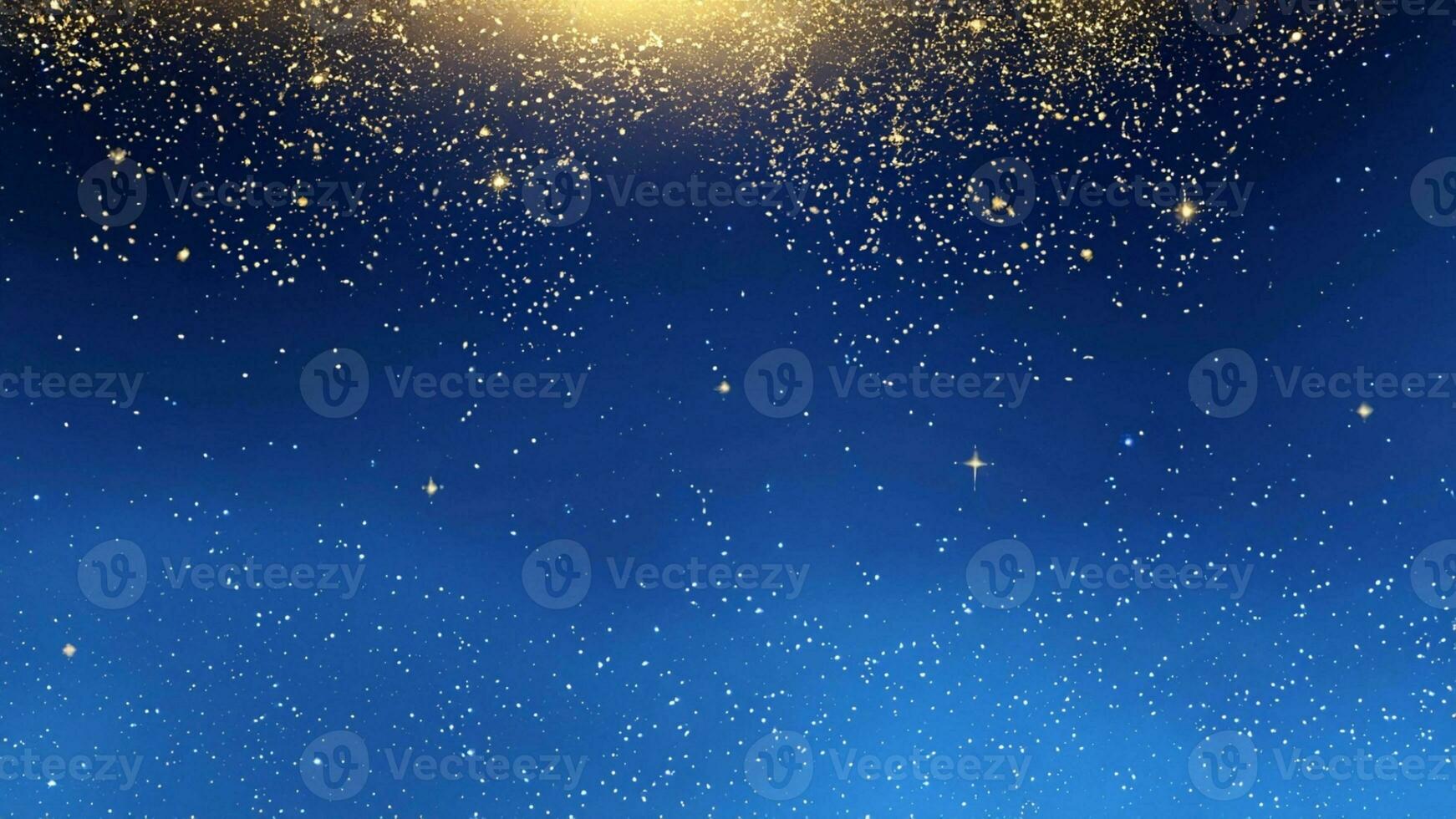 Magic dark blue night sky with twinkling stars. Gold glitter dust splash vector background. Scattered golden dust. Milky Way Midnight.  Ai Generative. photo
