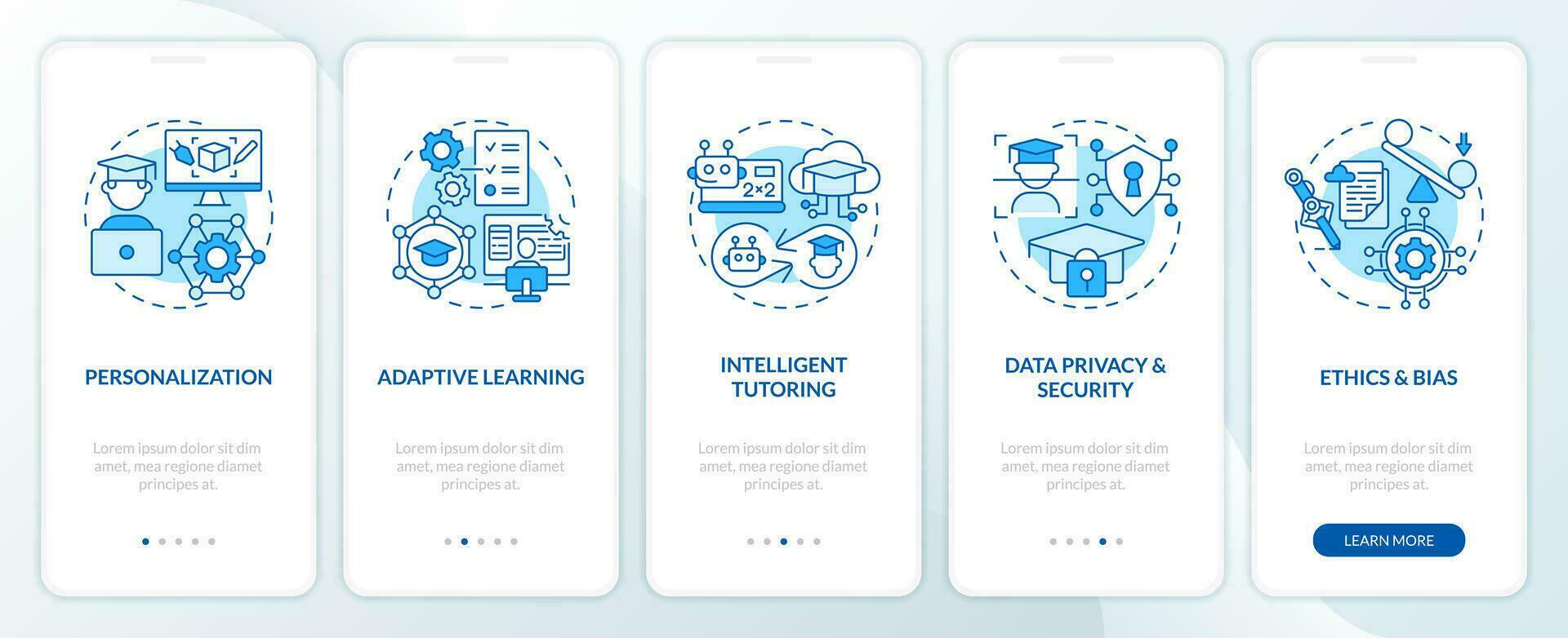 5 steps blue icons representing AI in education, graphic instructions with linear concepts, app screen. vector