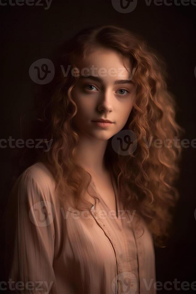 retrato de un europeo mujer en sencillo rústico ropa en un campo fondo, , natural foto, suave luz, ai generativo Arte foto