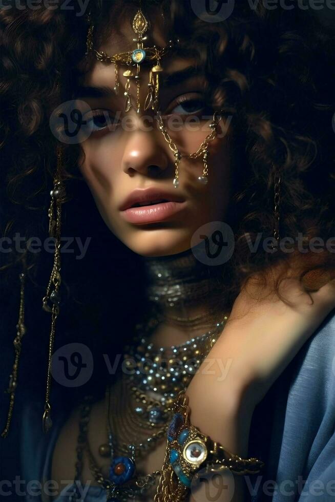 portrait of a European brunette close-up in chic jewelry , natural studio photo, warm filter, ai generative art photo