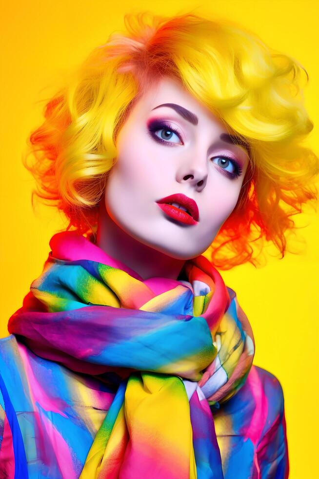 bright modern portrait of a woman with yellow hair, close-up, in unusual clothes, ai generative art photo