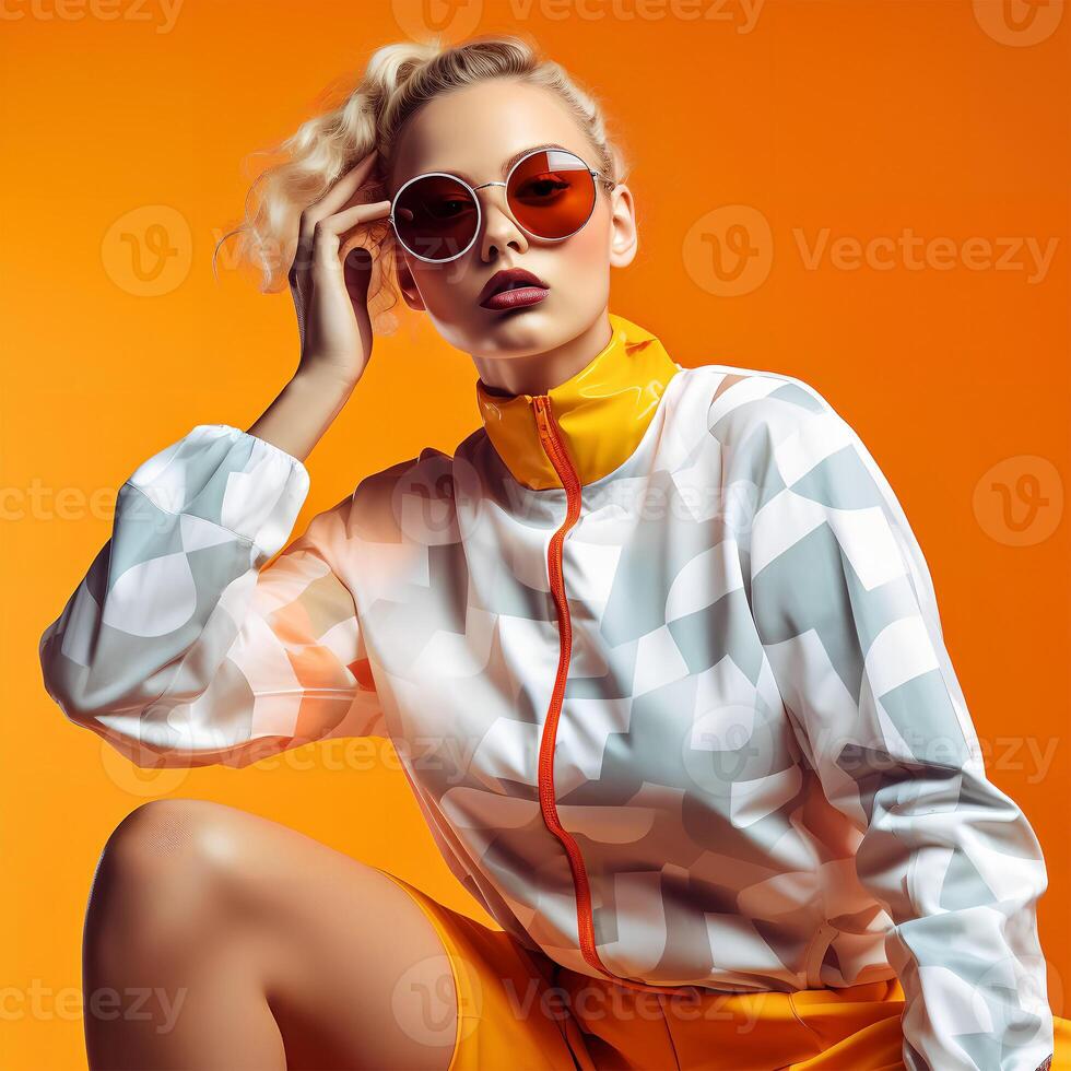 Bright vibrant portrait of a curly blonde in blue glasses, professional studio photo, bright lighting, ai generative art photo