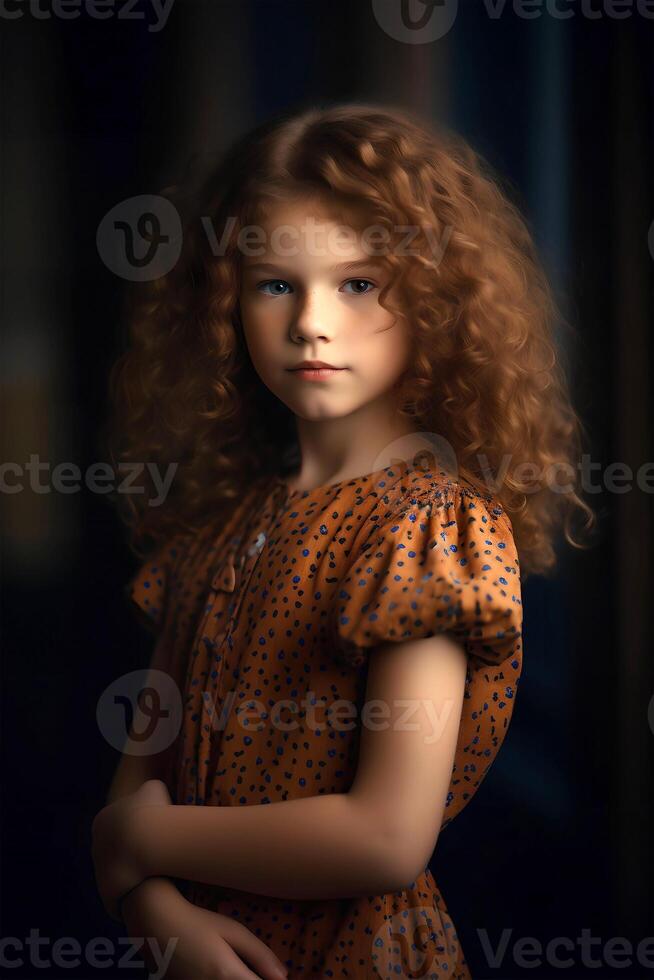 Portrait of a young girl with curly red hair, close-up, natural soft light, art photo