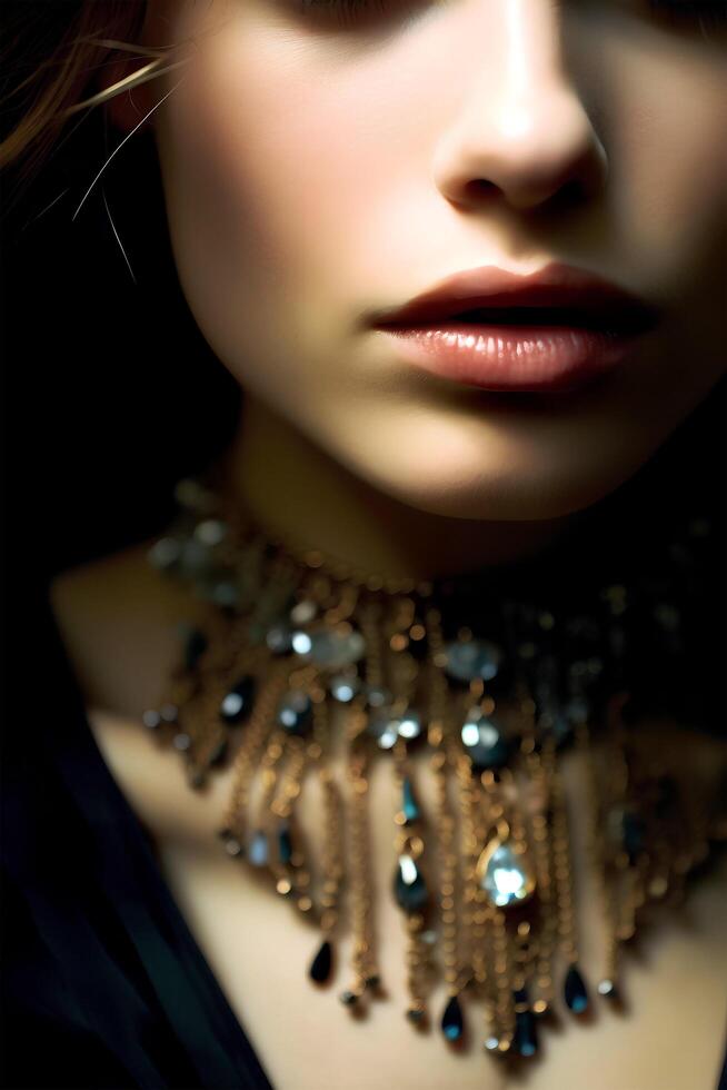 Cropped portrait of a European blonde close-up in chic jewelry , natural studio photo, warm filter, art photo