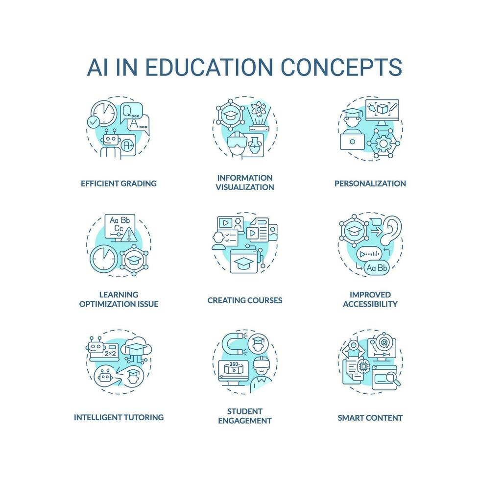 Set of 2D thin line blue icons representing AI in education concepts, pack of isolated customizable vector illustrations.