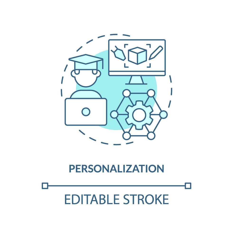 2D thin line blue icon representing personalization in AI, isolated customizable vector illustration, innovation in education.