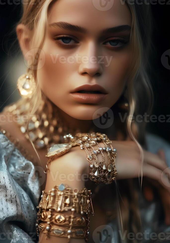 portrait of a European blonde close-up in chic jewelry , natural studio photo, warm filter, ai generative art photo