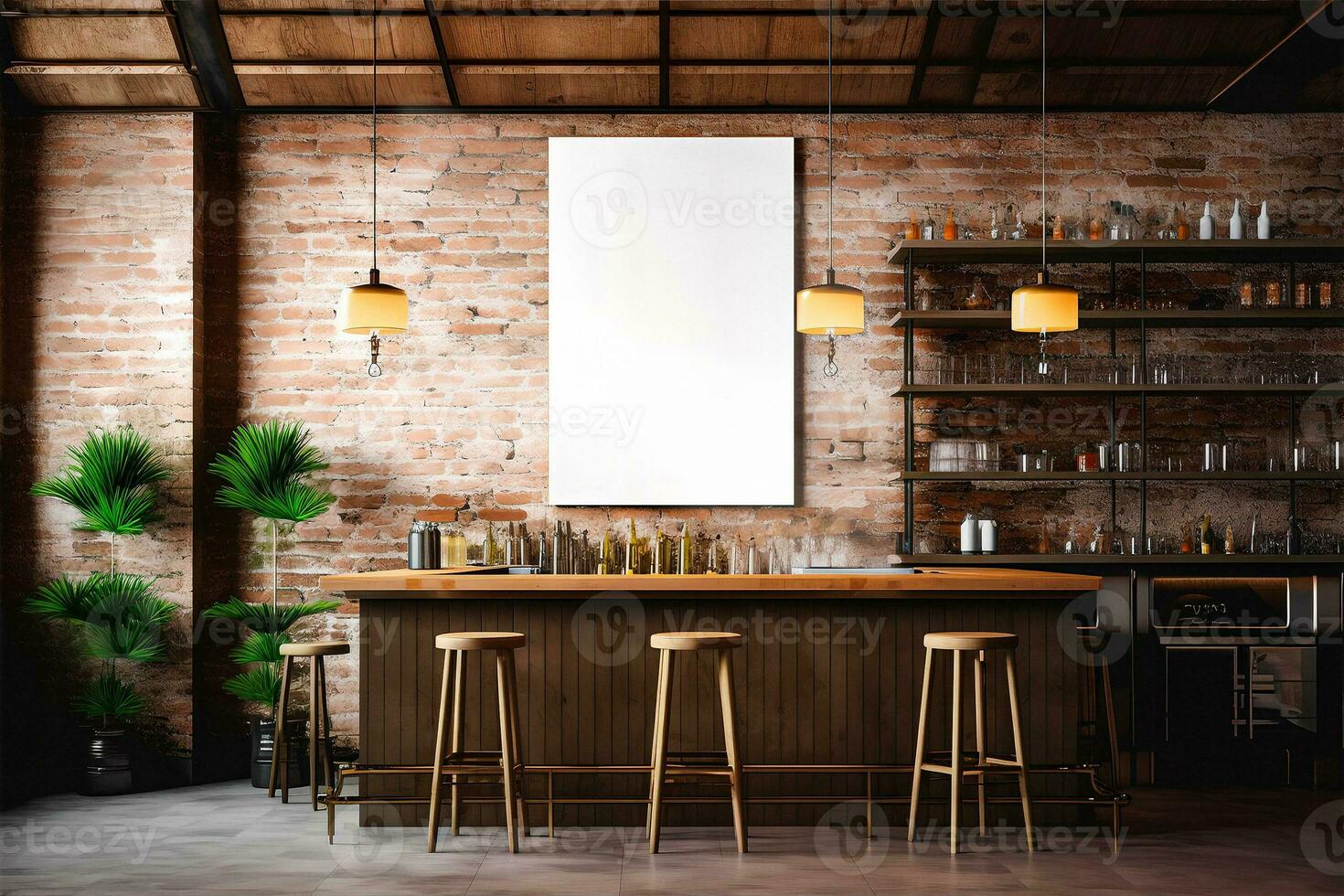 Mockup of vertical empty poster in Loft bar interior photo