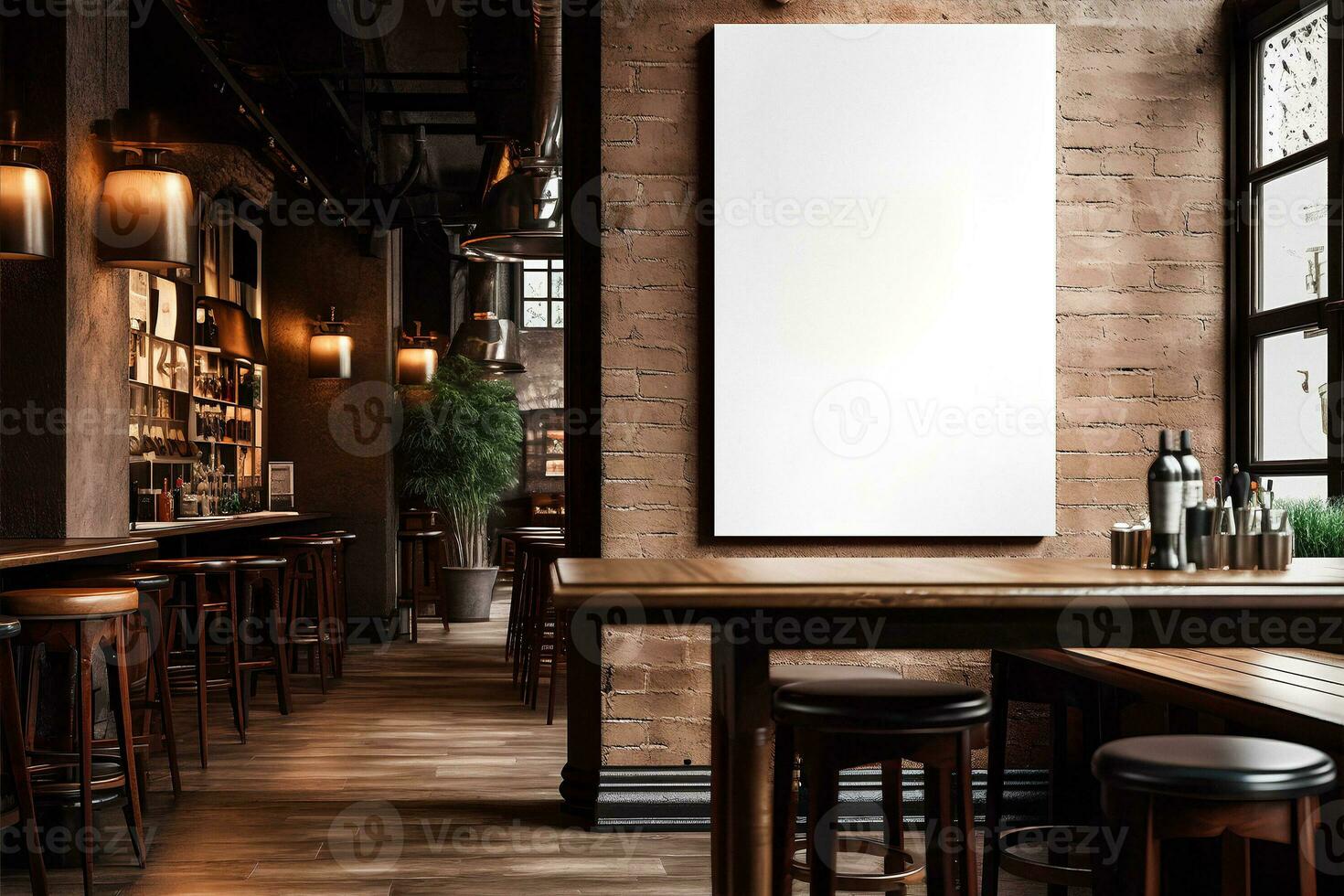 Mockup of vertical empty poster in Loft bar interior photo