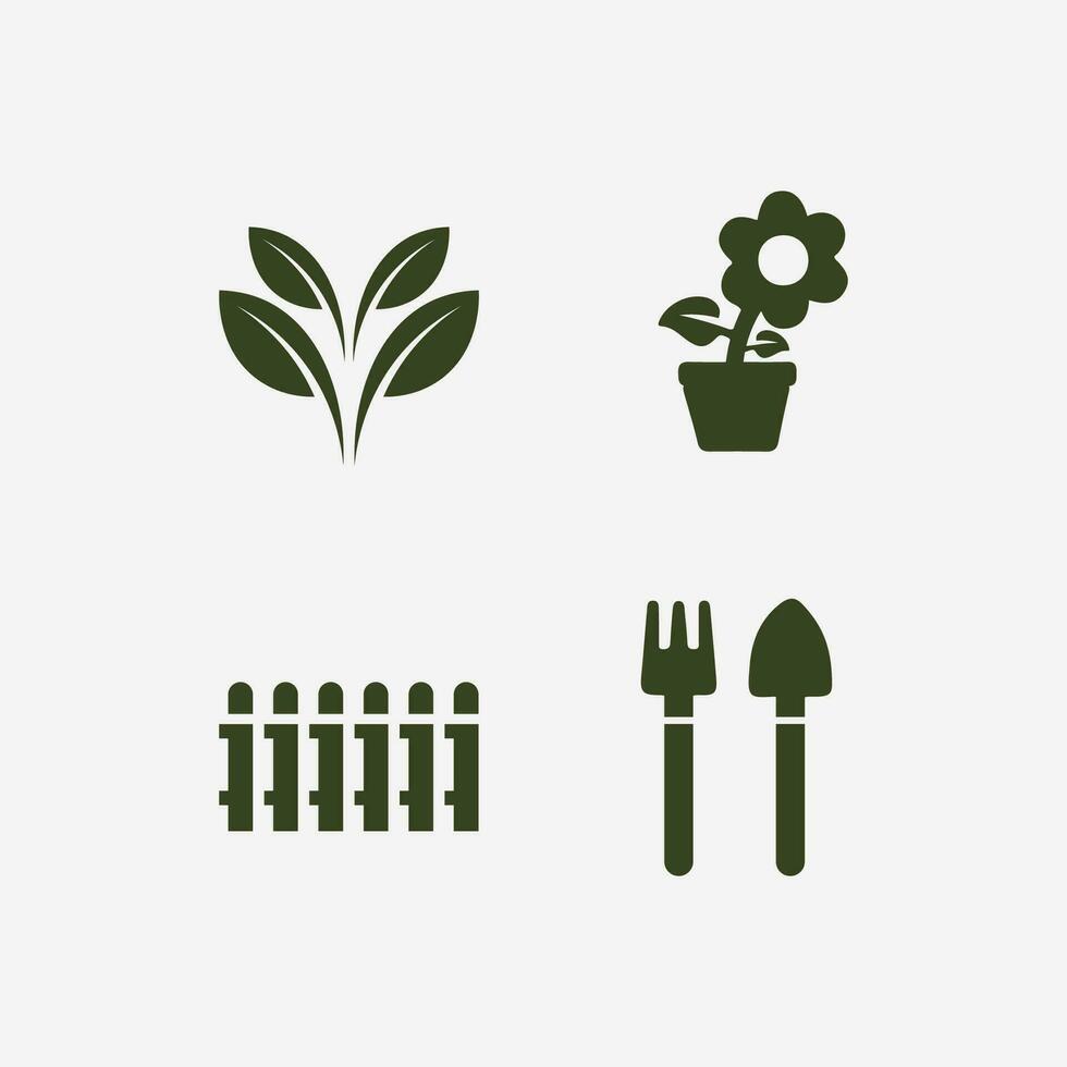 jardinería logo con pala icono y árbol con verde hojas logo modelo. vector