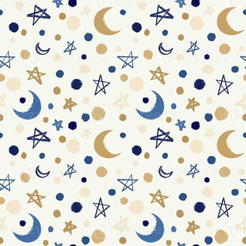 Seamless festive backdrop with moon, stars and doodles photo