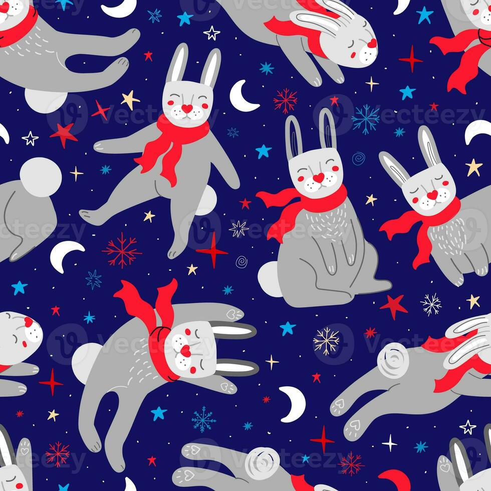 Seamless pattern with rabbits in the starry sky photo