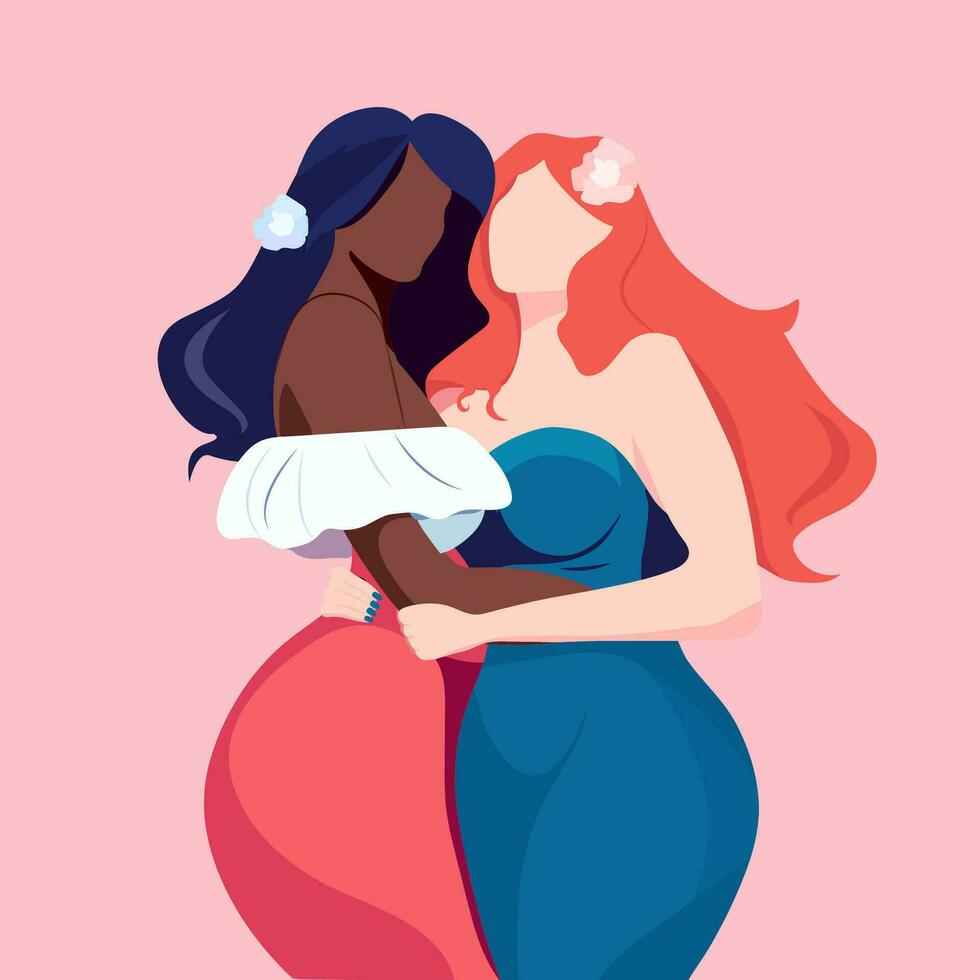 Two white black girl, female hugging, girlfriends, friends, gay, lesbian vector