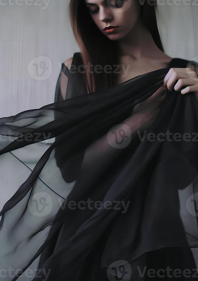 woman in black dress, neutral silk drapes, ai generative art photo