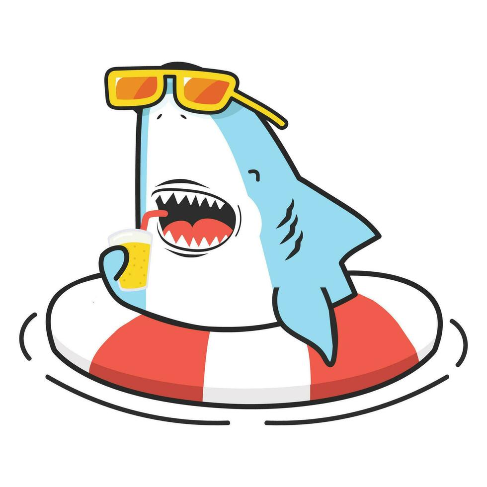 Cute shark inflatable ring with glass of juice vector