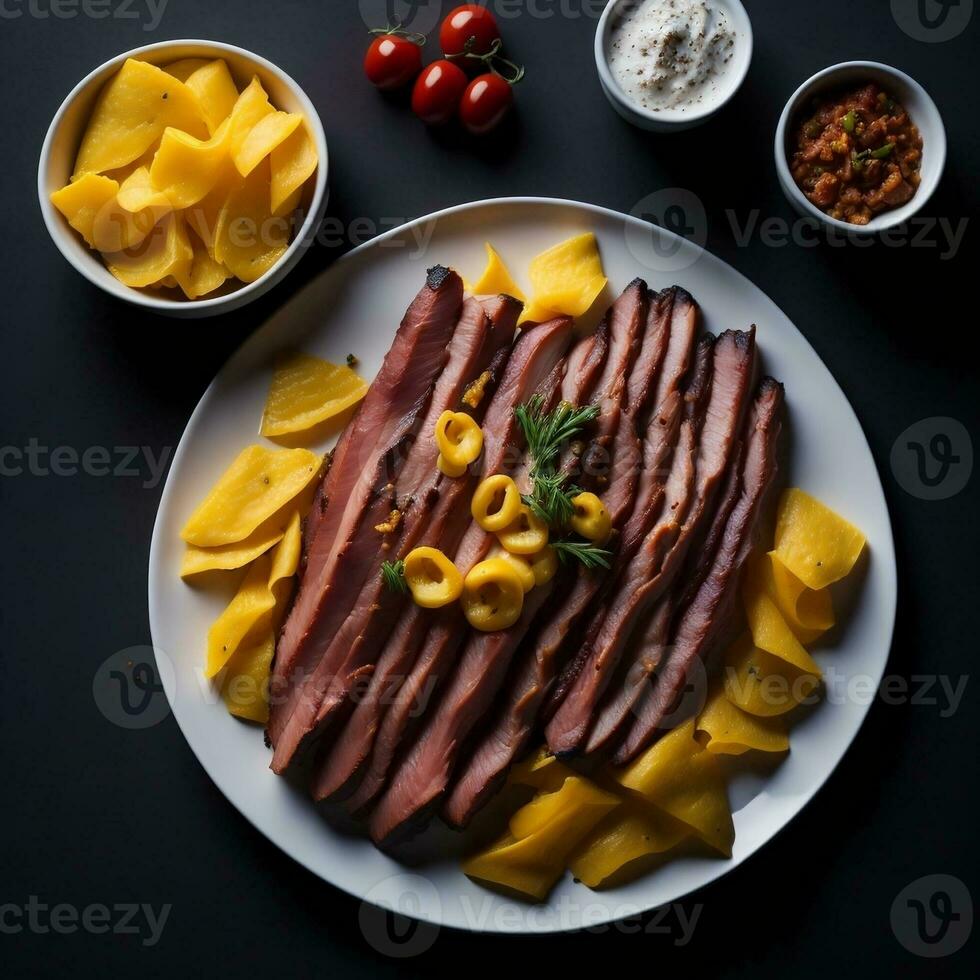 delicious meat dish with bacon and yellow cheese, accompanied with potato chips on the table photo