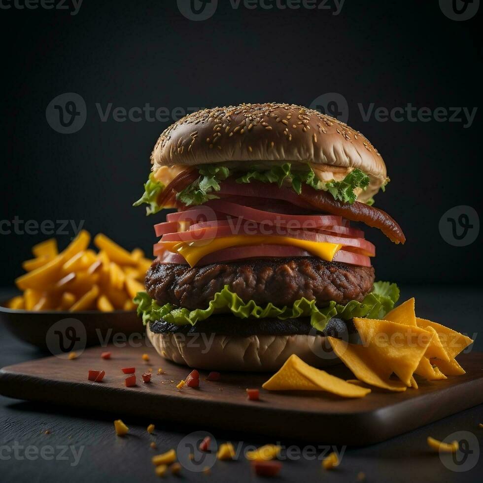 a delicious triple meat burger with bacon and yellow cheese, accompanied with potato chips on the table photo