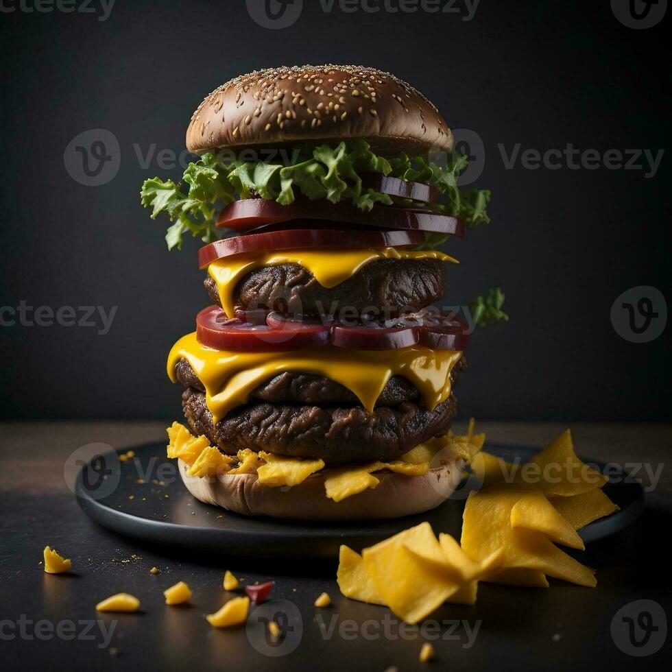 a delicious triple meat burger with bacon and yellow cheese, accompanied with potato chips on the table photo