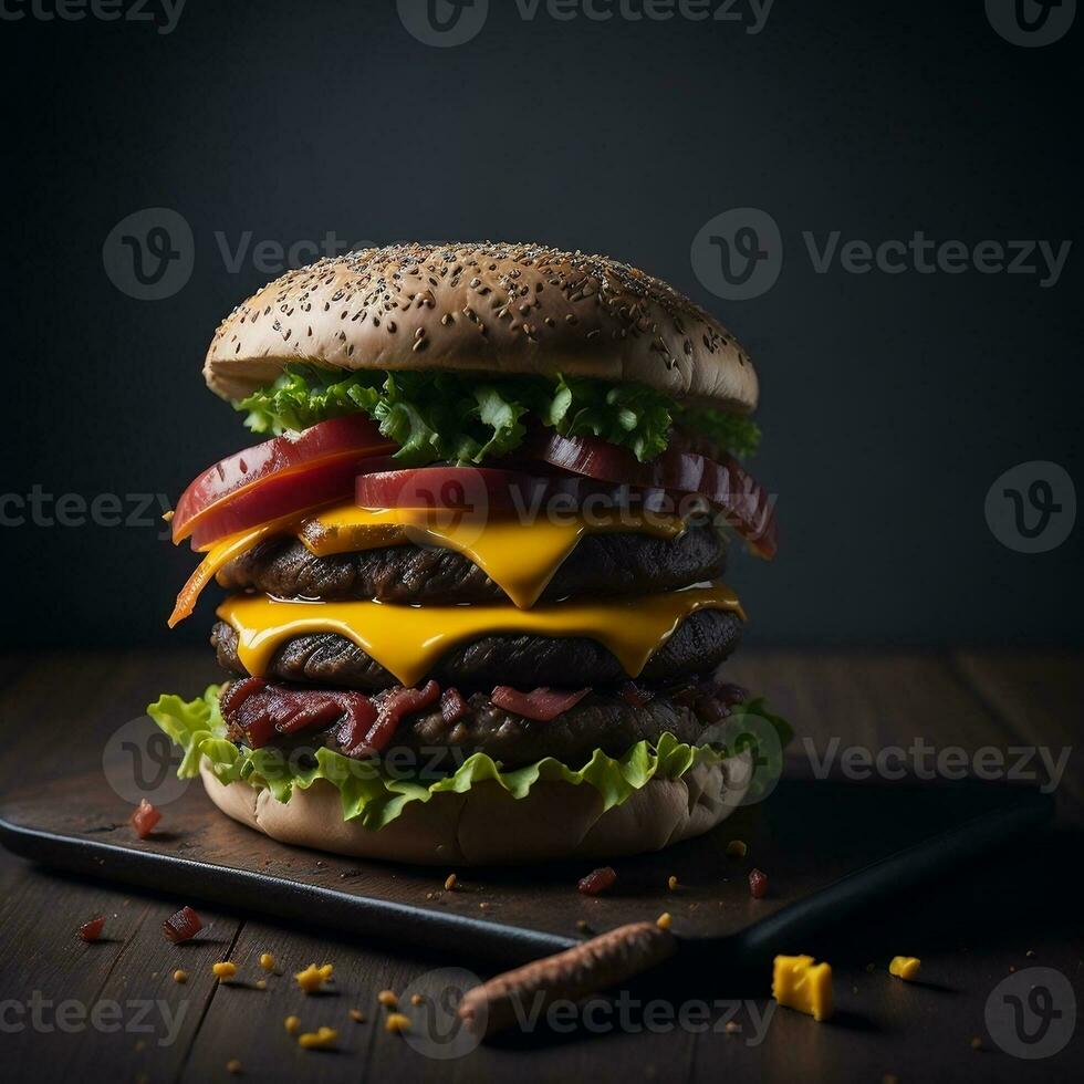 a delicious triple meat burger with bacon and yellow cheese, accompanied with potato chips on the table photo