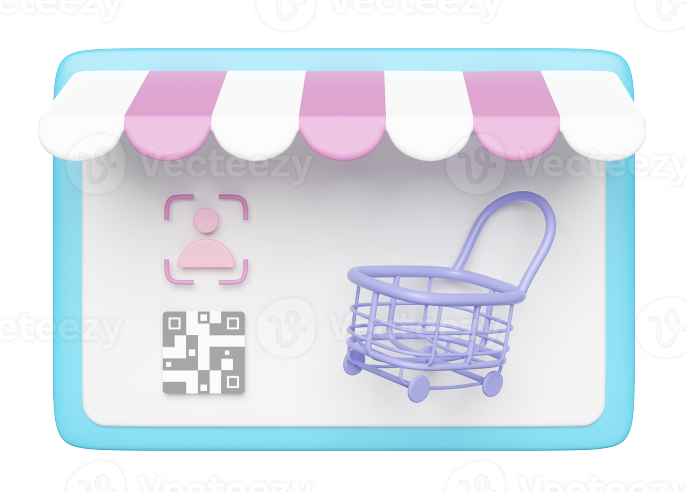 3d identidade verificação com face, qr código scanner, tábua computador, loja frente, compras carrinhos ou cesta isolado. conectados compras conceito, 3d render ilustração png