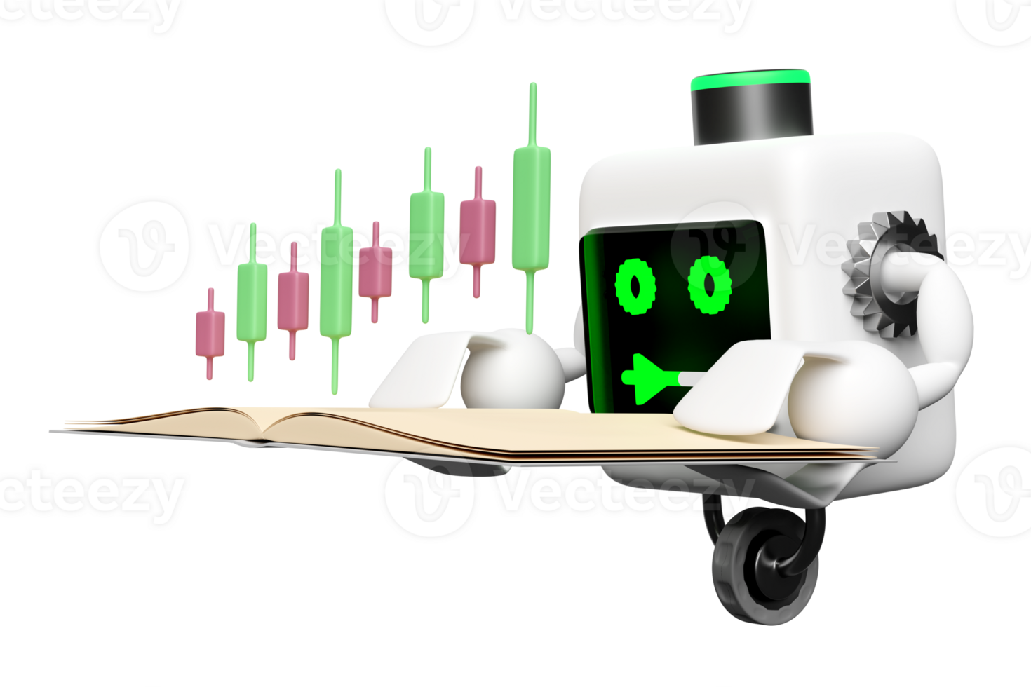 3d Artificial Intelligence, Machine Learning with robot reading book isolated. learn about stocks concept, 3d render illustration png
