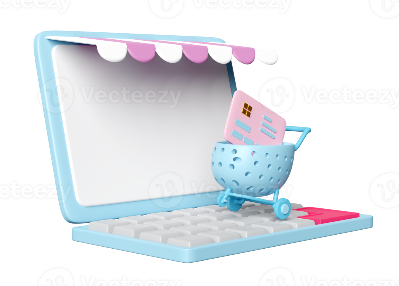 online shopping with laptop computer monitor, store front, credit card shopping carts or basket isolated. 3d illustration render png