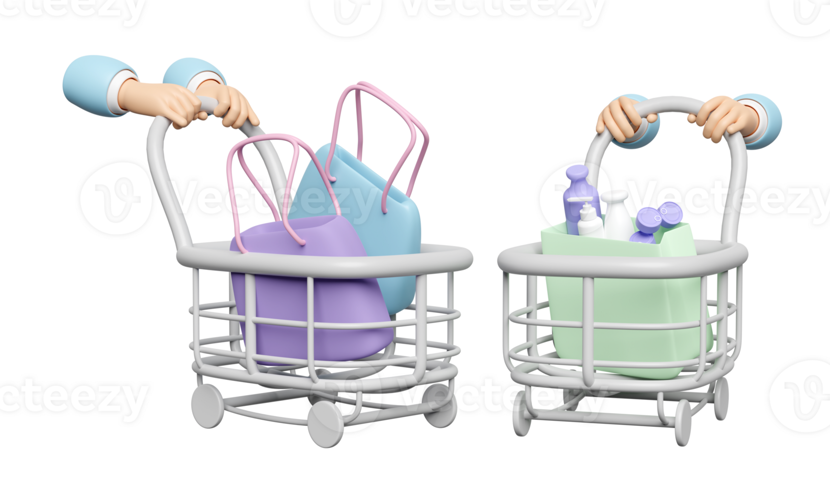 3d hand pushing a shopping cart with shopping paper bags, miscellaneous isolated. purchase target, enjoy shopping concept, 3d render illustration png