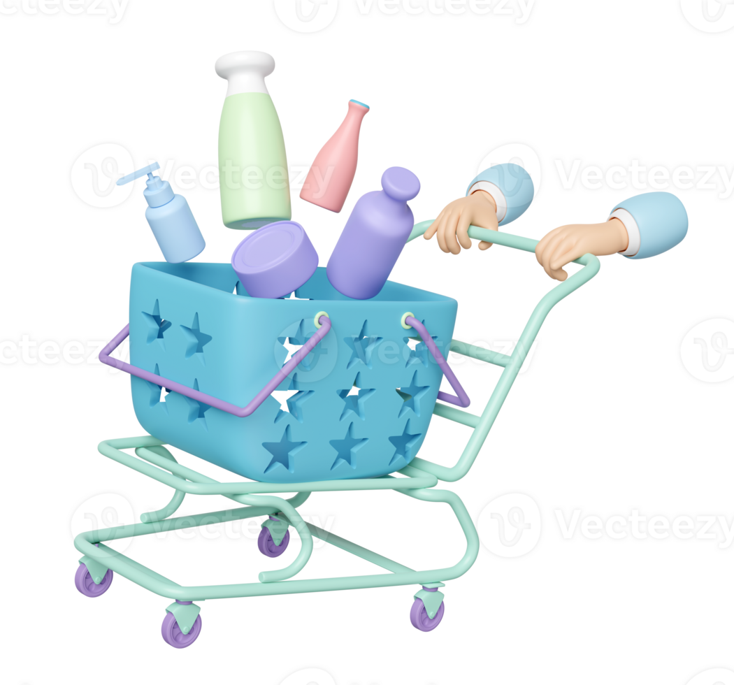 hand pushing a with miscellaneous isolated. enjoy shopping concept, 3d illustration render png