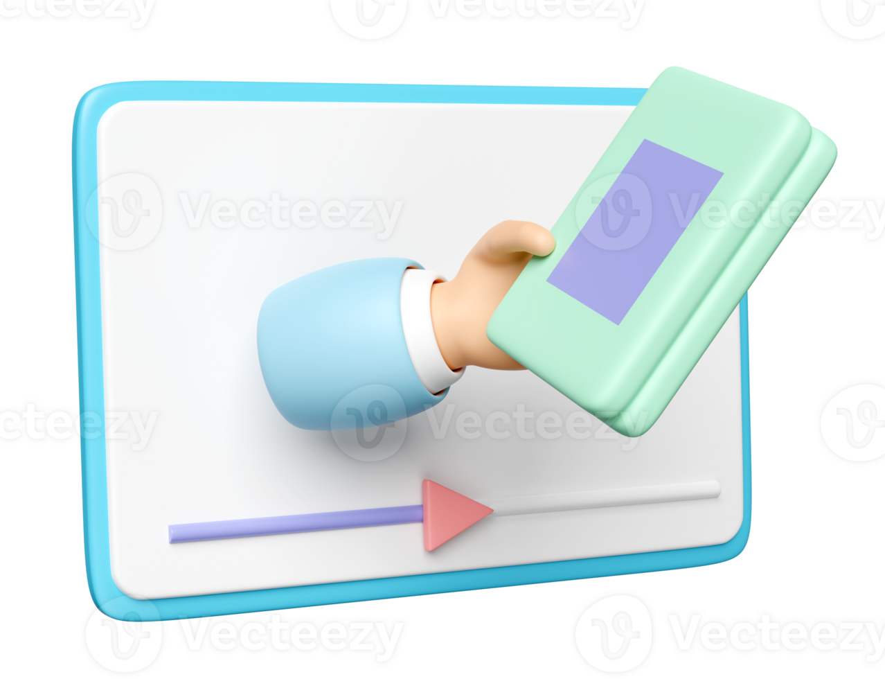 online learning with 3d video player tablet, hand holding book isolated. streaming, online training course concept, 3d illustration render png