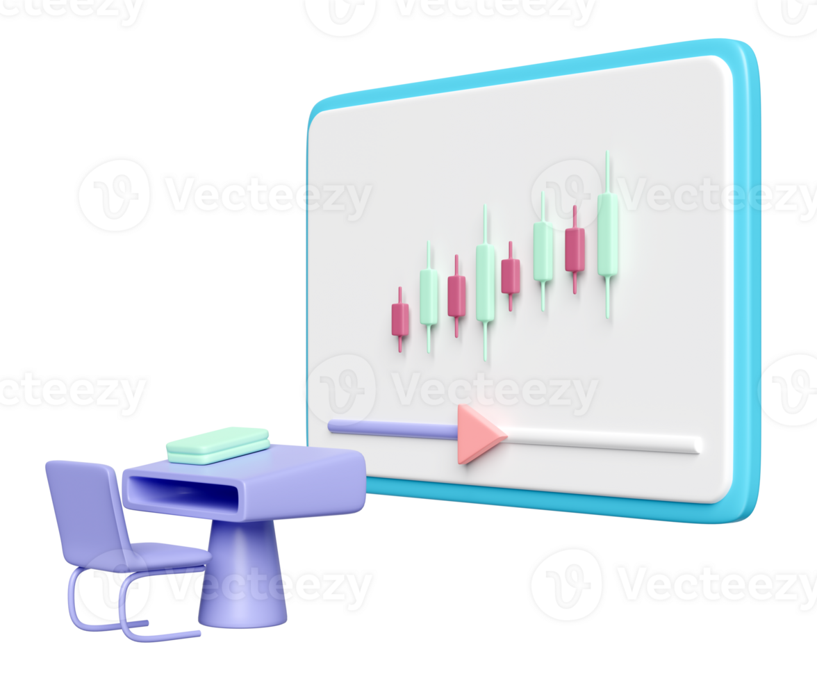 Learn about stocks online with tablet, charts, graph, study desk isolated.  e-learning concept, 3d illustration render png
