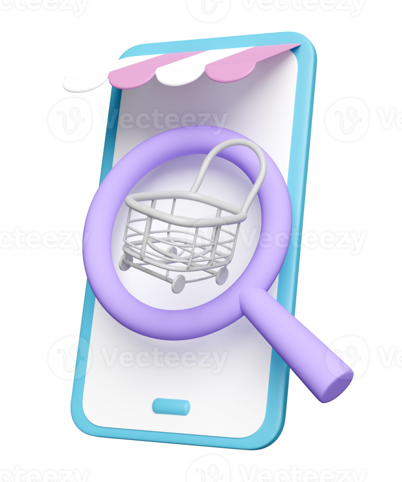 3d mobile phone, smartphone with store front, shopping carts, magnifying glass isolated. web search engine or web browsing, online shopping concept, 3d render illustration png