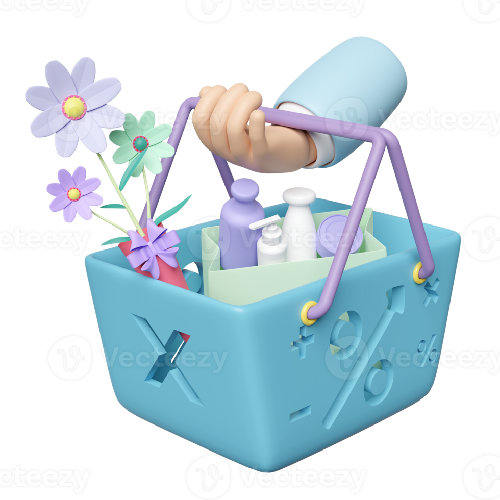 Basket hanging on wrist with miscellaneous isolated. enjoy shopping concept, 3d render illustration png