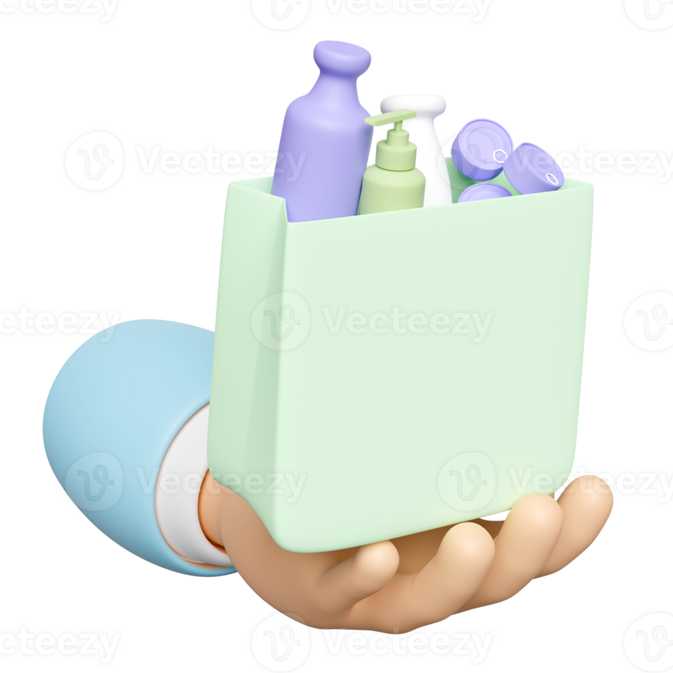 3d hand holding shopping paper bags with miscellaneous isolated. purchase target, enjoy shopping concept, 3d render illustration png