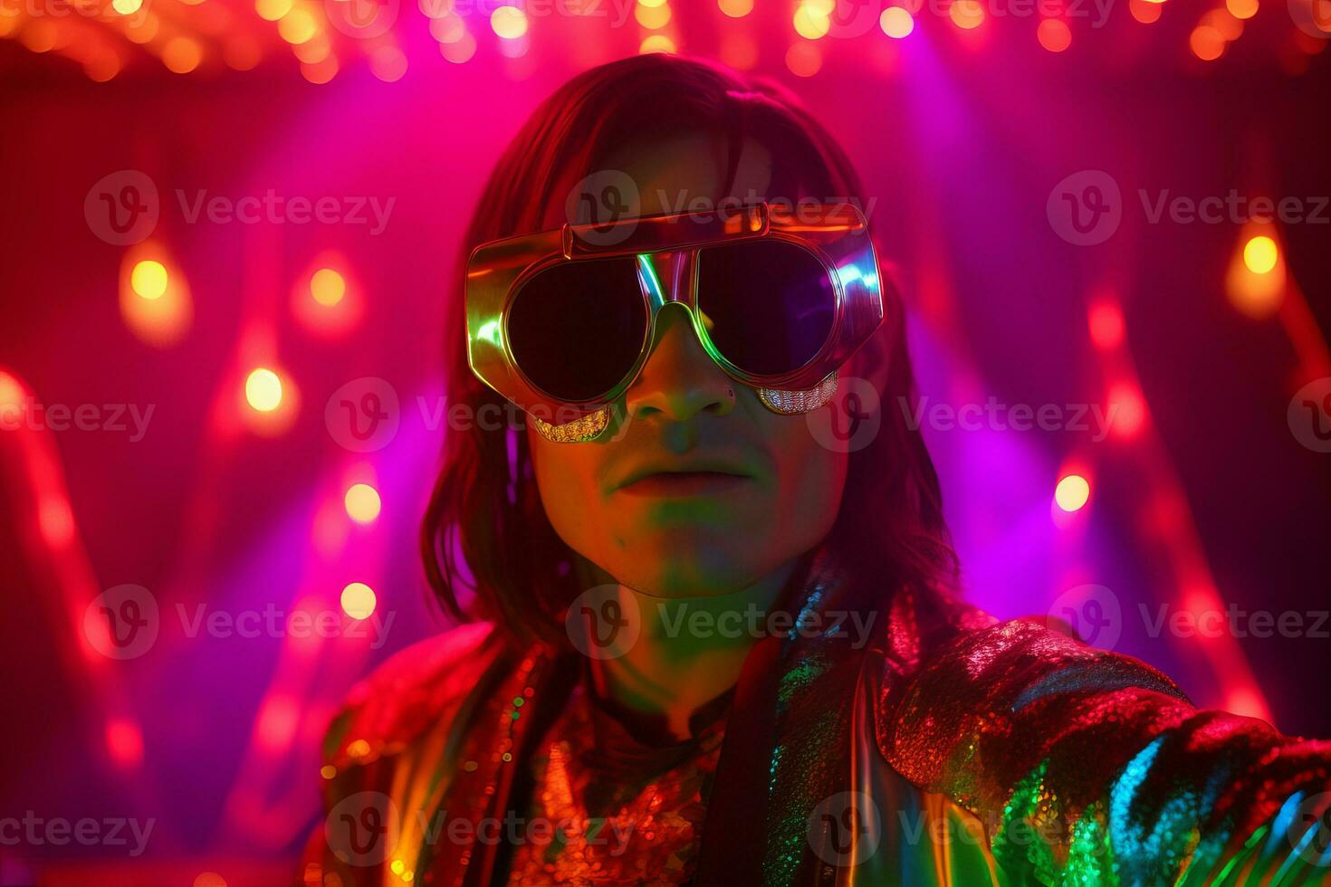 a man with long hair wearing sunglasses in front of colorful lights generative AI photo