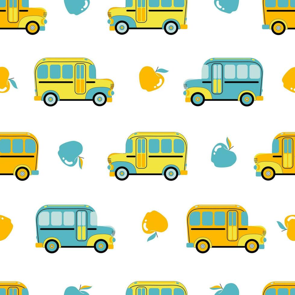 Back to school. Seamless pattern with school bus and apples. Endless tileable vector illustration.