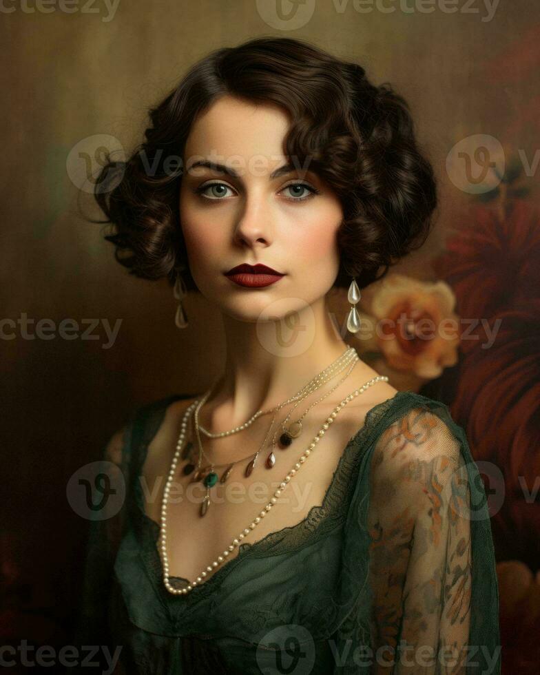 a beautiful woman in a green dress with pearls and pearls generative ai photo