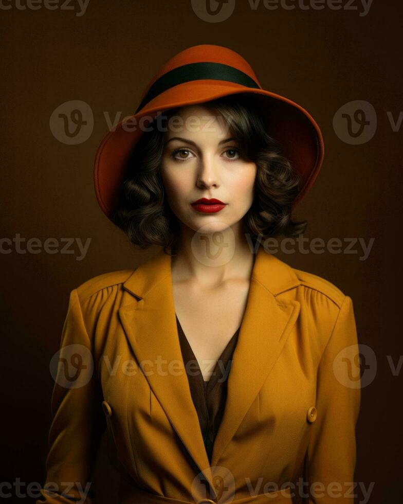 a beautiful woman in an orange hat and coat generative ai photo