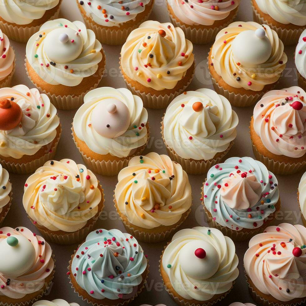 a large number of cupcakes with frosting and sprinkles generative ai photo