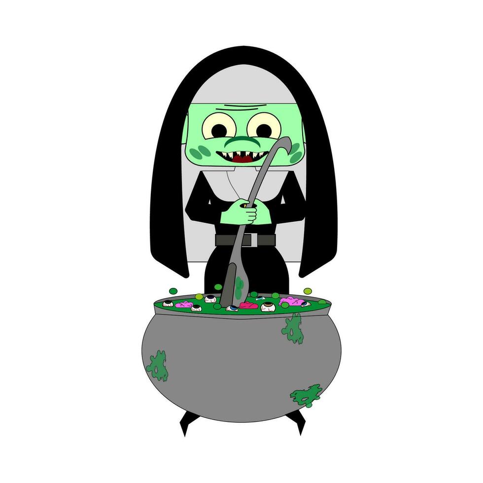 A zombie nun brews a potion. Vector illustration. All elements are isolated