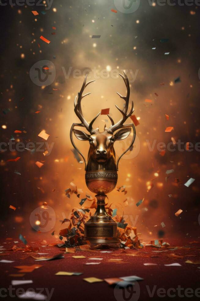a trophy with a deer head on top of it surrounded by confetti generative ai photo
