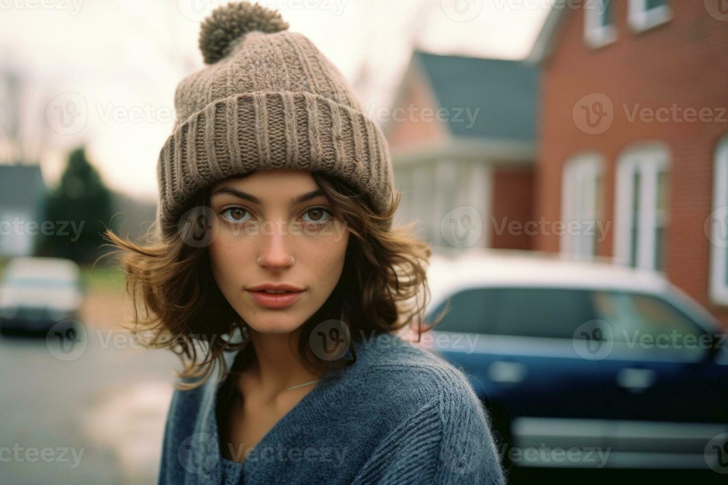a woman wearing a hat and sweater standing in front of a car generative ai photo