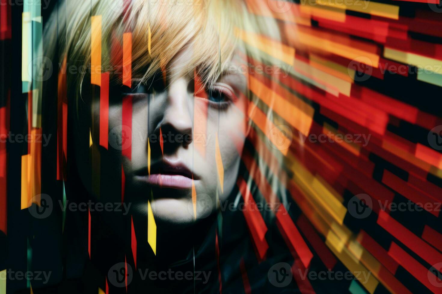 a woman with blonde hair in front of a colorful background generative ai photo