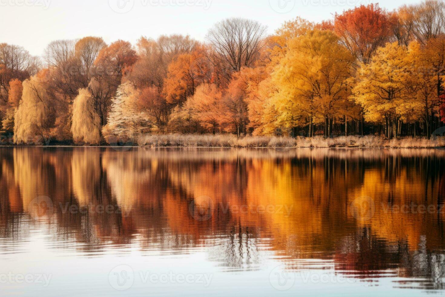 autumn trees reflected in the water of a lake generative ai photo